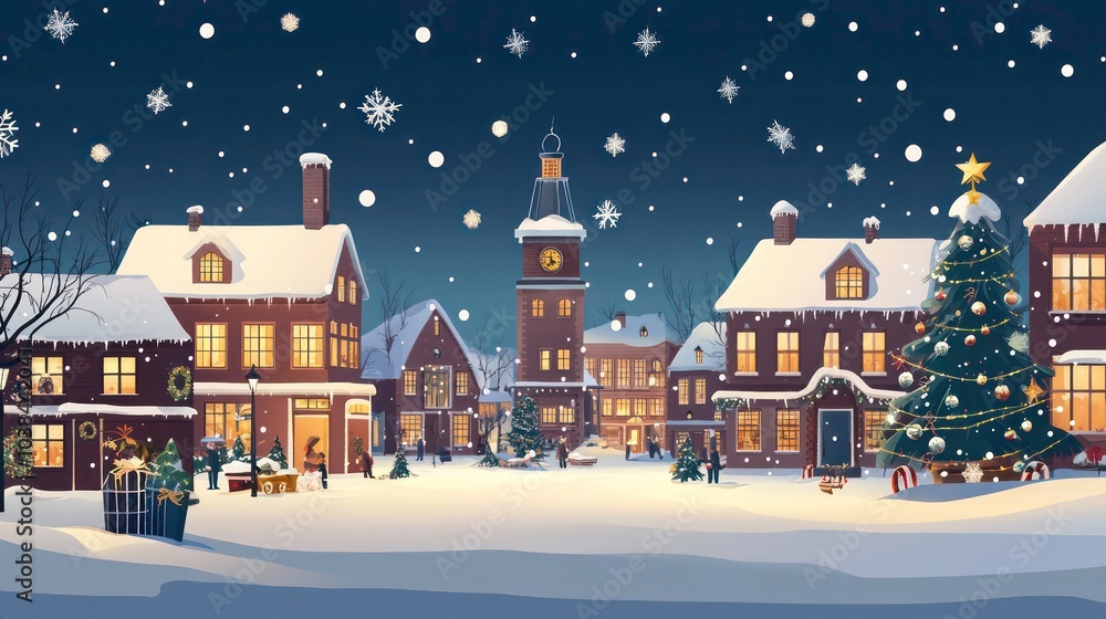 A snowy Christmas town square with a decorated tree, clock tower, and twinkling lights. A snowy Christmas town square with a decorated tree, clock tower, and twinkling lights.