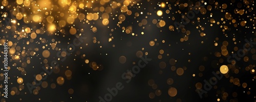 Golden sparkling bokeh lights create a magical, festive vignette frame on dark black banner background with copy space. Ideal for New Year, galas, grand opening parties, or other holiday celebrations