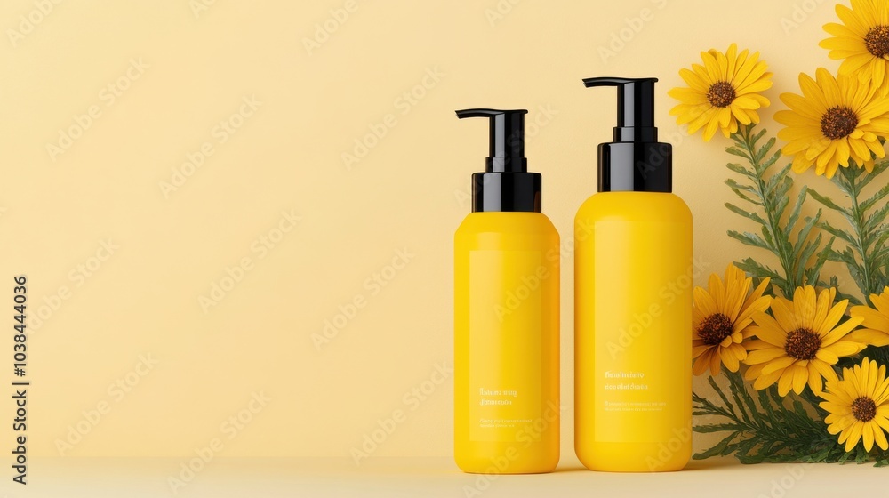 Bright Yellow Natural Shampoo Bottles with Flowers Bright Yellow Natural Shampoo Bottles with Flowers