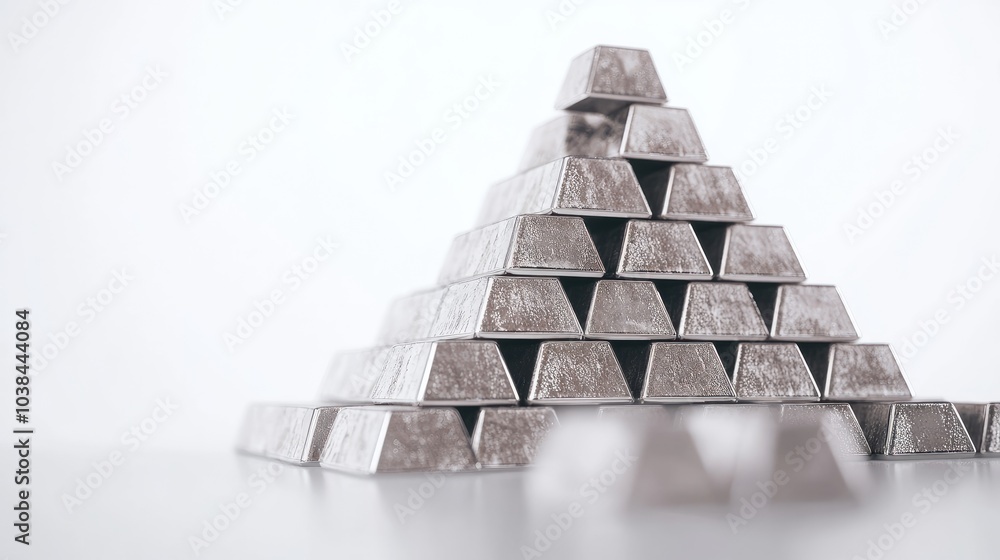 A pyramid-shaped stack of aluminum ingots on a white background, highlighting industrial manufacturing and raw materials. A pyramid-shaped stack of aluminum ingots on a white background, highlighting industrial manufacturing and raw materials.