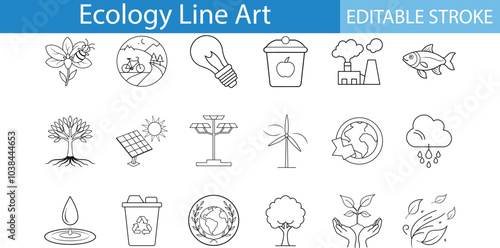 Ecology Line Art Icons Set Editable Stroke