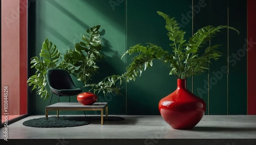 Modern interior design featuring a matte green wall