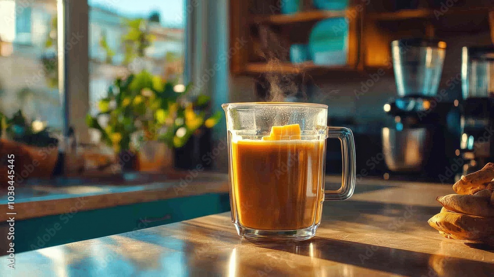 A vibrant kitchen scene where bulletproof coffee is being blended in a glass blender, with butter and MCT oil ready to be added, creating a frothy, energizing morning drink A vibrant kitchen scene where bulletproof coffee is being blended in a glass blender, with butter and MCT oil ready to be added, creating a frothy, energizing morning drink