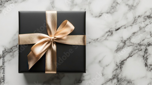 A black gift box with a gold ribbon bow, on a marble background.