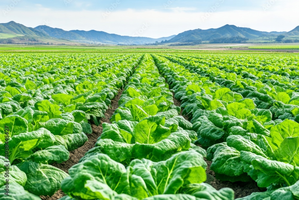 Vibrant green collard greens field stretching under a bright blue sky in the late afternoon light Vibrant green collard greens field stretching under a bright blue sky in the late afternoon light