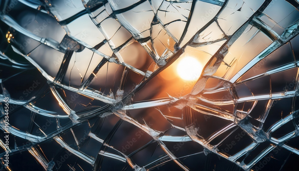 Shattered Glass. High-Resolution Macro Close-Up of a Cracked Glass Surface Capturing Sunlight and Reflection, Symbolizing Fragility, Breakage, and the Concept of Imperfection or Disruption Shattered Glass. High-Resolution Macro Close-Up of a Cracked Glass Surface Capturing Sunlight and Reflection, Symbolizing Fragility, Breakage, and the Concept of Imperfection or Disruption
