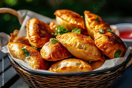 Delicious golden empanadas in a woven basket, garnished with fresh herbs. photo