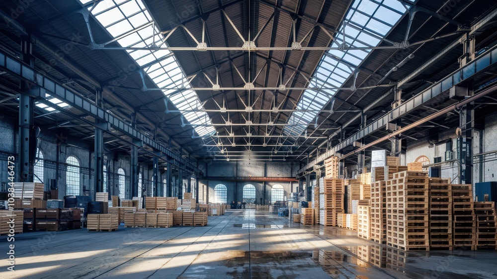 Spacious warehouse with stacked pallets and bright skylights illuminating the interior. Spacious warehouse with stacked pallets and bright skylights illuminating the interior.
