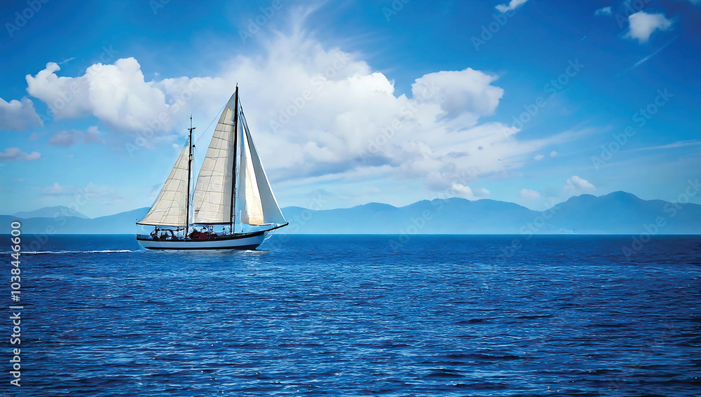 Fototapeta premium Panorama of the blue ocean with reflections of the sun. Vast sea ripples and calm sea with sunshine and sailboats