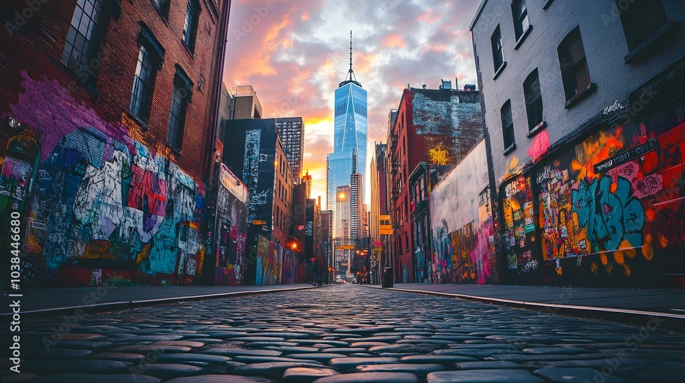 Obraz premium Majestic skyscrapers pierce the morning sky, their foundations illuminated by colorful street art, creating a lively contrast of modern and artistic urban life