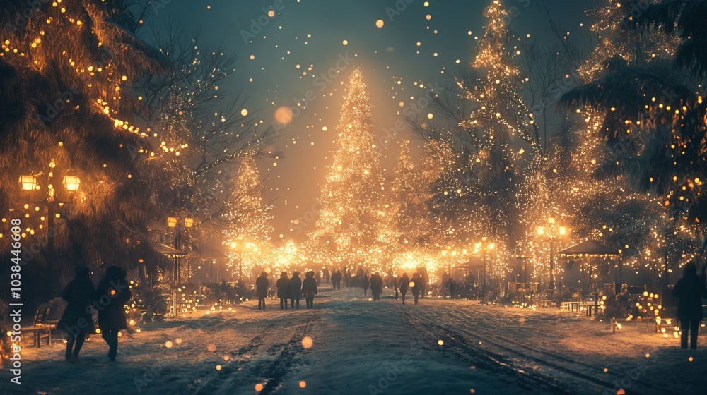 Majestic city park illuminated by sparkling holiday Christmas tree lights, set against a snowy evening backdrop. An enchanting xmas scene ideal for event promotions and winter season advertisements Majestic city park illuminated by sparkling holiday Christmas tree lights, set against a snowy evening backdrop. An enchanting xmas scene ideal for event promotions and winter season advertisements