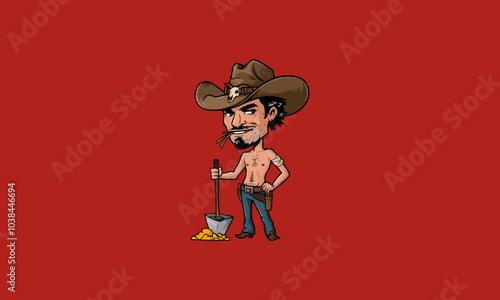 Rugged cowboy prospector with shovel and gold