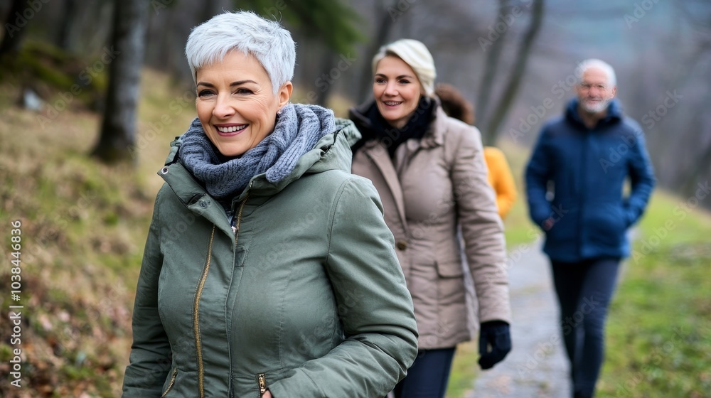 A happy mature woman enjoys a walk in nature with her friends, embracing the beauty of the outdoors and celebrating friendship amidst lush greenery and vibrant surroundings A happy mature woman enjoys a walk in nature with her friends, embracing the beauty of the outdoors and celebrating friendship amidst lush greenery and vibrant surroundings