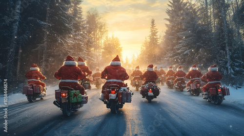 Group of Santa Clauses riding his scooter carrying gifts in winter forest and sunset in the background. Concept of technology, delivery, logistics, innovation and Christmas.