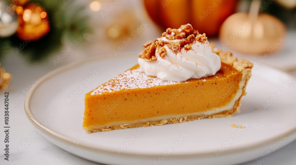 Close-up view of a delicious slice of pumpkin pie topped with whipped cream in a festive autumn setting Close-up view of a delicious slice of pumpkin pie topped with whipped cream in a festive autumn setting