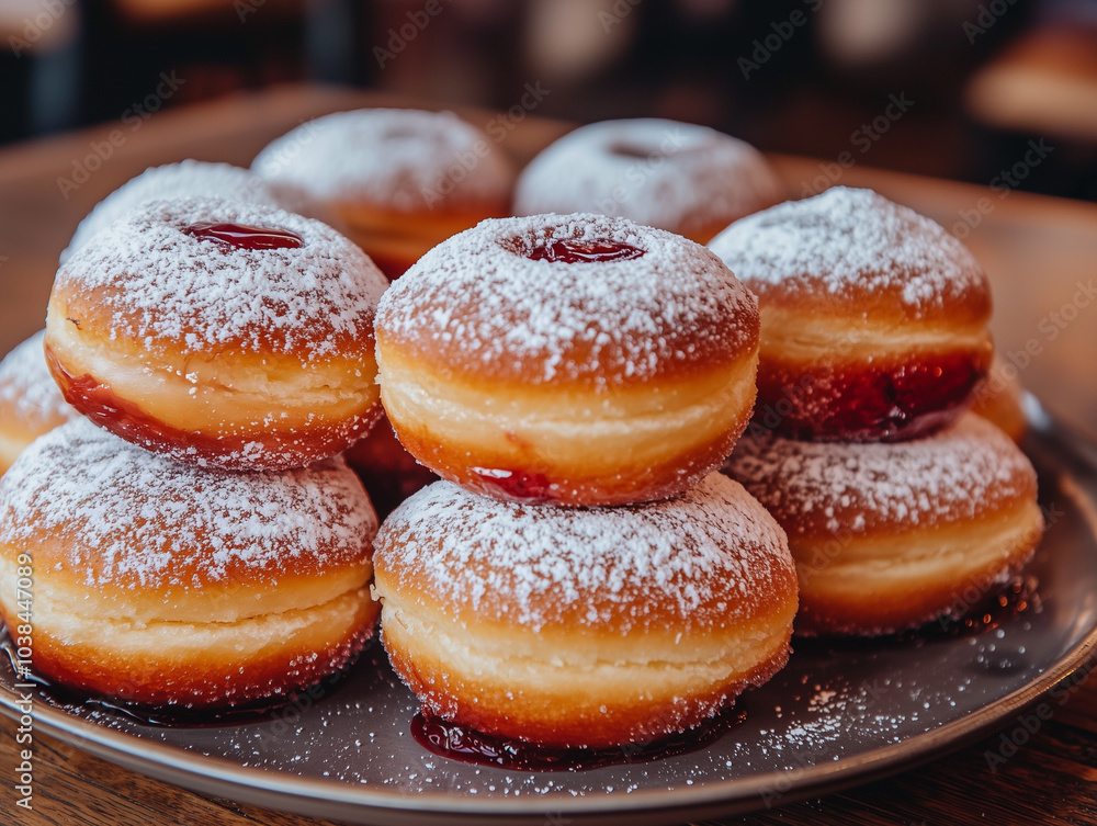 a plate of jelly-filled donuts dusted with powdered sugar. a plate of jelly-filled donuts dusted with powdered sugar.