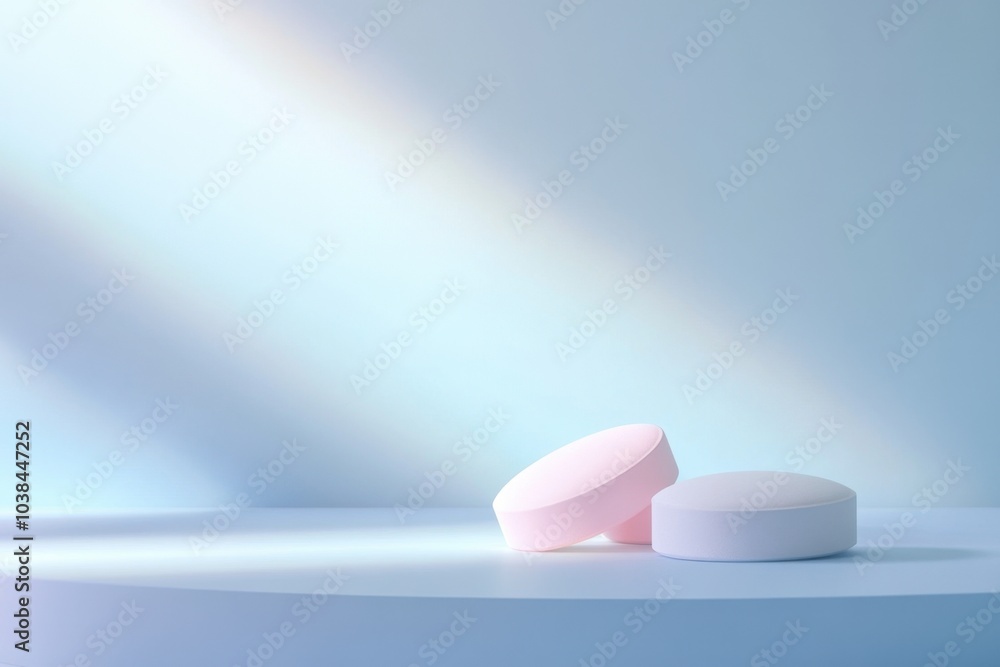 Pink and blue tablets highlighted on a light background, with space for text Pink and blue tablets highlighted on a light background, with space for text
