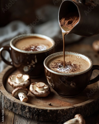 A warm scene where coffee brewed with a mushroom blend is poured into a cup, with a sprinkle of mushroom powder on top, blending rich coffee flavor with the nutritional benefits of fungi