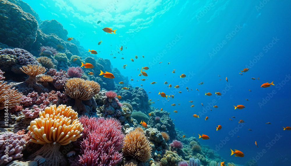 Obraz premium Coral reef slope with small goldfish, vibrant underwater scene