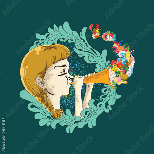 girl holding trumpet, plant, leaves, flowers, and sweets doodle vector image stock photo