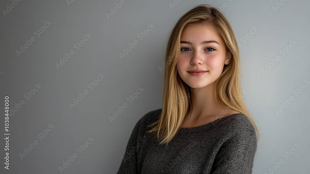A blonde woman with straight hair, wearing a casual sweater, standing against a white background. A blonde woman with straight hair, wearing a casual sweater, standing against a white background.