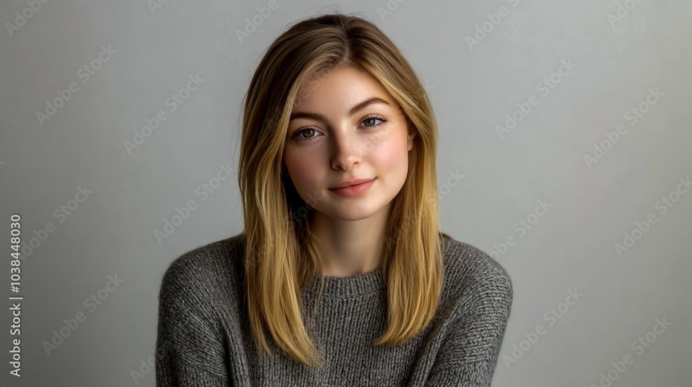 A blonde woman with straight hair, wearing a casual sweater, standing against a white background. A blonde woman with straight hair, wearing a casual sweater, standing against a white background.