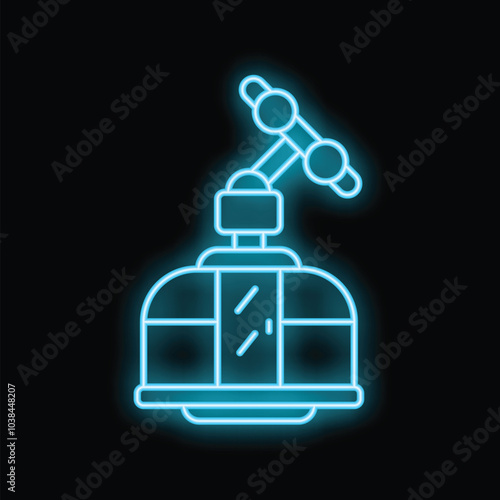 Blue glowing neon line funicular cable car icon isolated on black background. Mountain cable car. Vector illustration