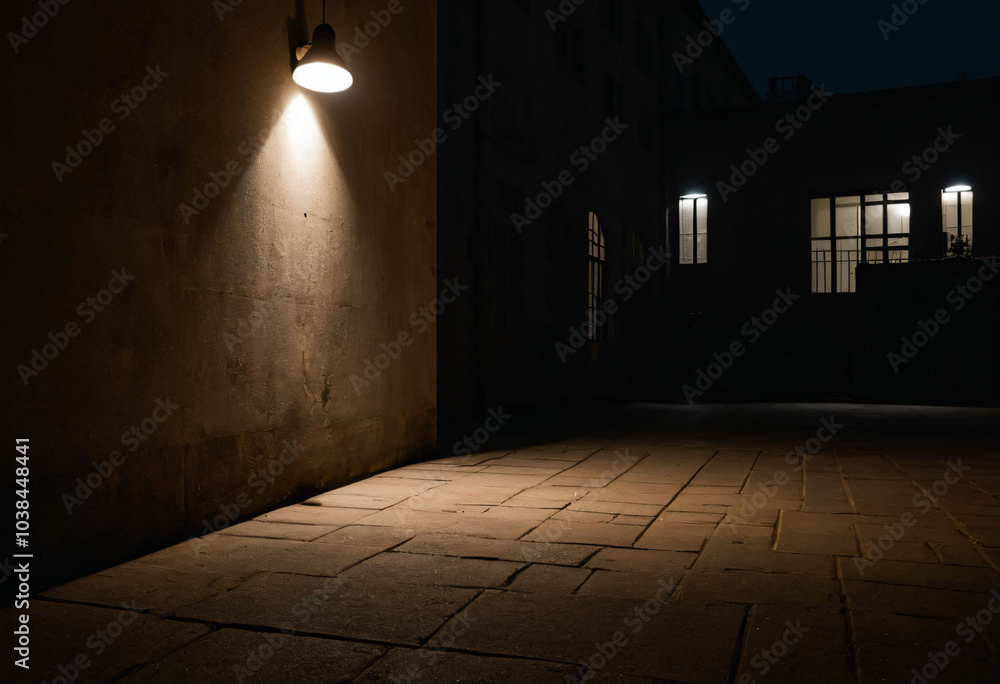 dim light of a lonely light bulb at night in a courtyard in a dark city dim light of a lonely light bulb at night in a courtyard in a dark city