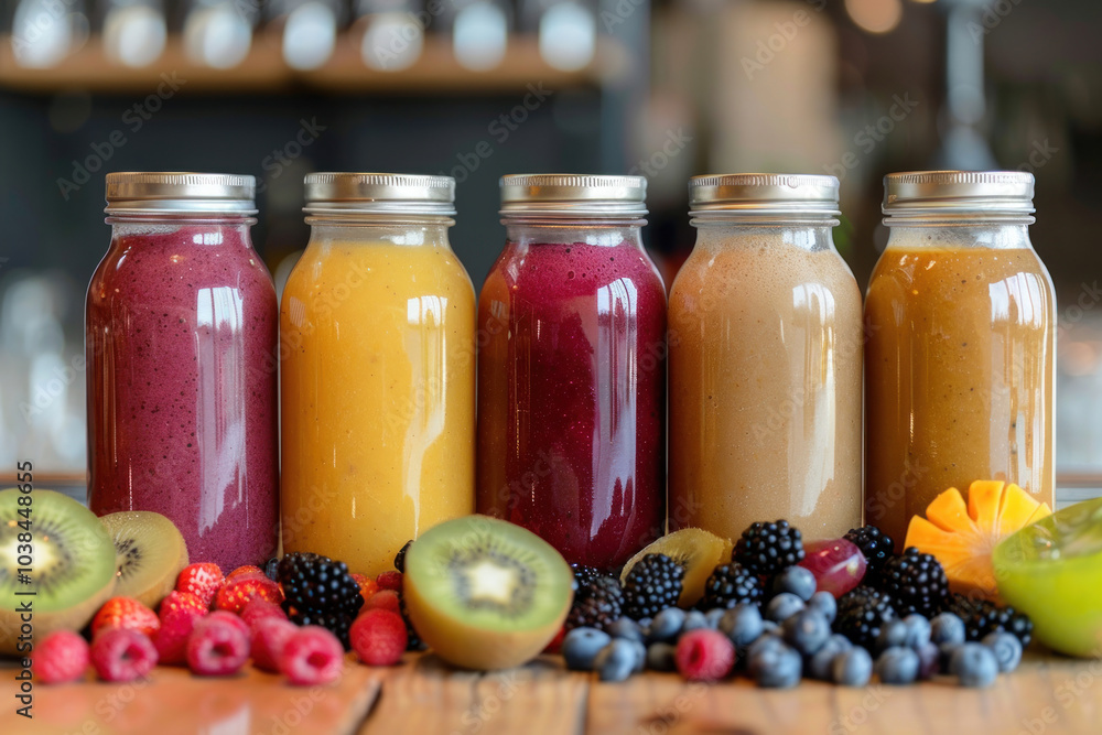 A beautifully styled display of organic fruit smoothies in glass jars, surrounded by the whole organic fruits used, like berries and kiwis, on a wooden table A beautifully styled display of organic fruit smoothies in glass jars, surrounded by the whole organic fruits used, like berries and kiwis, on a wooden table