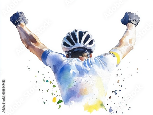A victorious cyclist celebrates with arms raised, depicted in a colorful watercolor style.