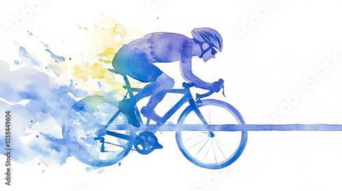 A cyclist speeds along, depicted in watercolor style, showcasing motion and energy with vibrant blue and yellow hues.