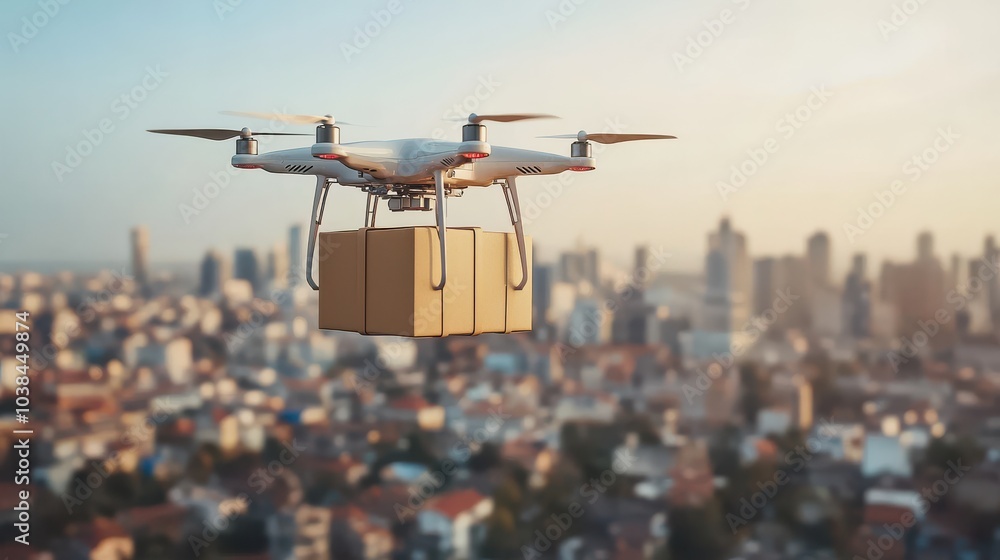 Drone delivery concept with packages and city skyline, modern logistics Drone delivery concept with packages and city skyline, modern logistics