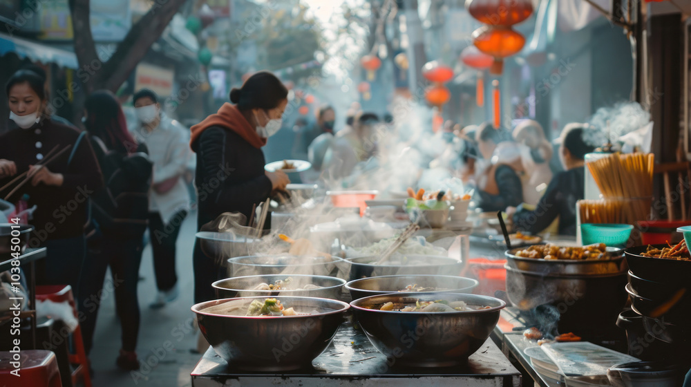 A bustling Vietnamese street food stall serving bowls of pho, steam rising from the fragrant broth as customers sit on small stools. A bustling Vietnamese street food stall serving bowls of pho, steam rising from the fragrant broth as customers sit on small stools.