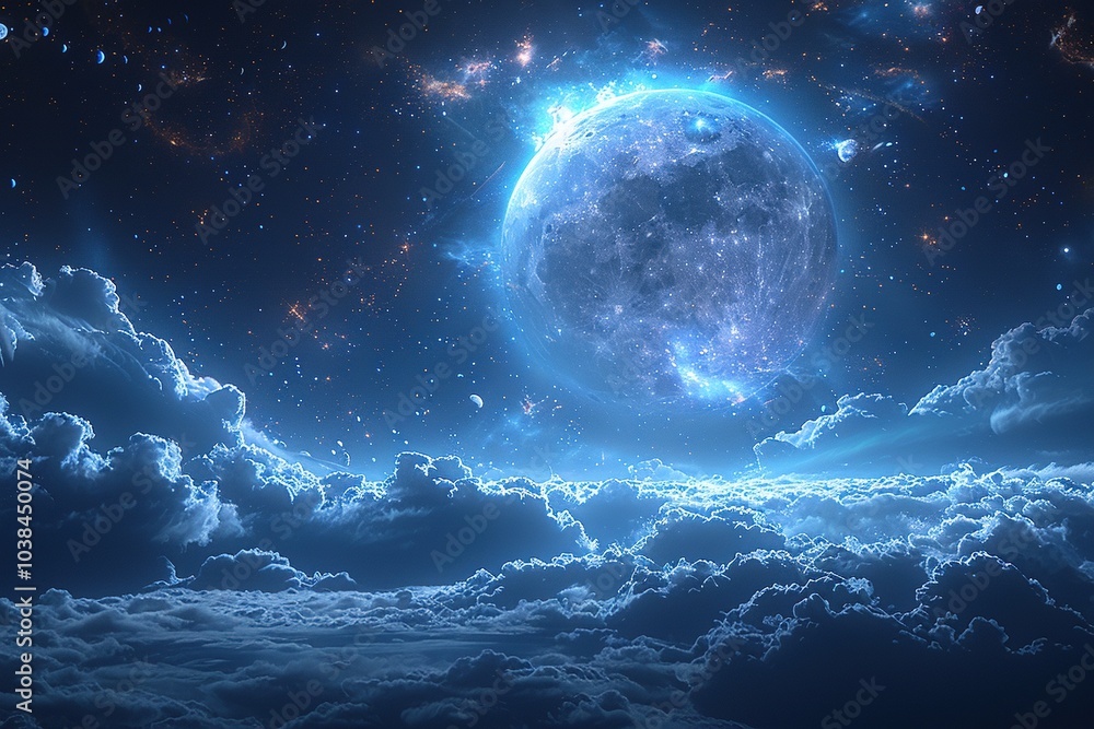 A luminous moon shines over a sea of clouds in a starry night sky. A luminous moon shines over a sea of clouds in a starry night sky.