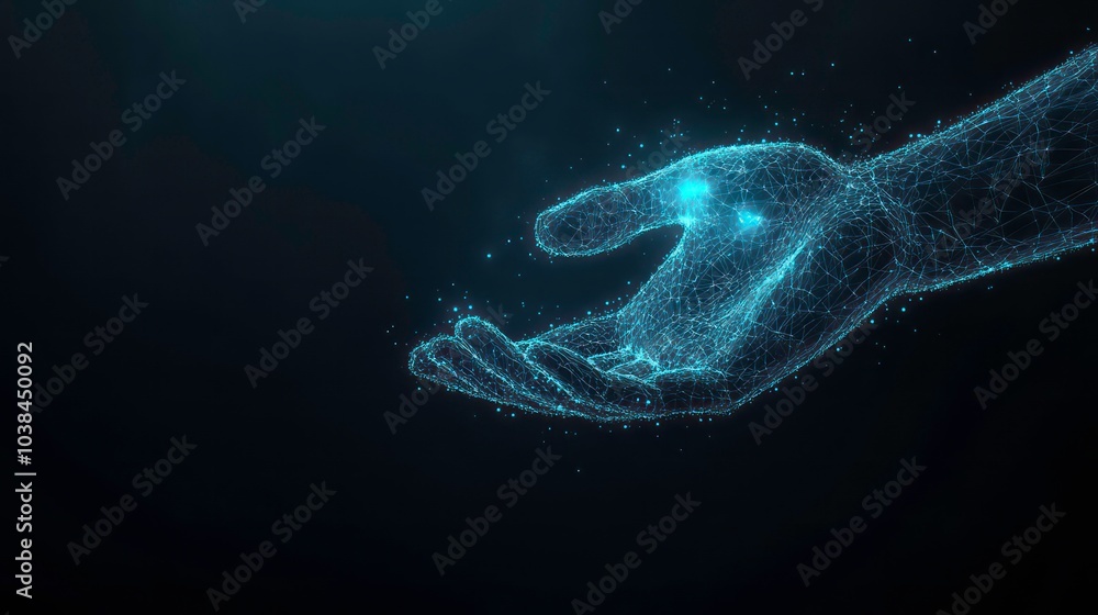 A glowing, digital hand with outstretched palm, symbolizing connection and technology. A glowing, digital hand with outstretched palm, symbolizing connection and technology.