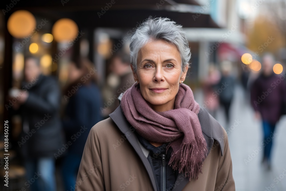 Portrait of mature woman in coat and scarf walking in city street Portrait of mature woman in coat and scarf walking in city street