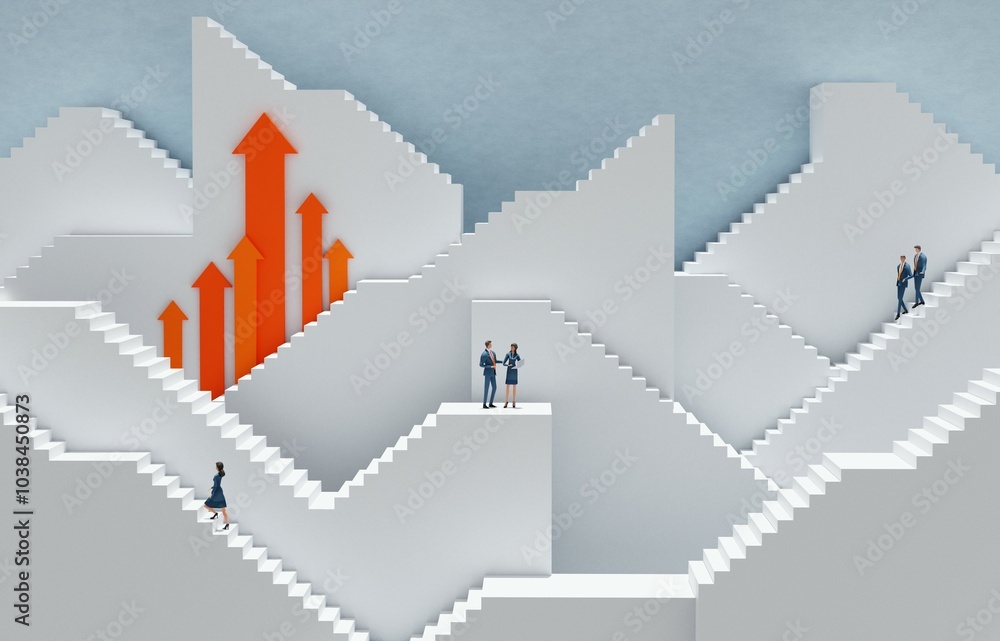 Fototapeta premium Business people walking up on massive white stairs. Abstract environment representing career, success in business, start up, professional perspectives. 3D rendering