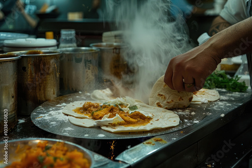 A chef preparing Indian butter chicken tacos with a creative twist, the rich curry served in soft tortillas, capturing the fusion concept. photo