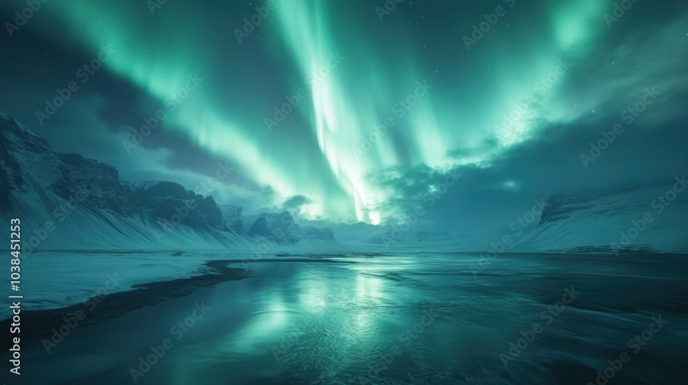 Naklejka premium A breathtaking landscape illuminated by vibrant auroras dancing across the night sky, with natural scenery bathed in colorful, ethereal light.