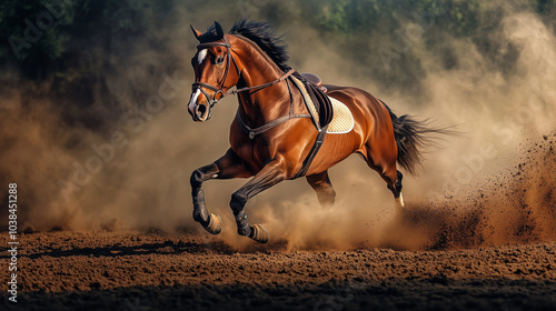 A graceful horse in motion during an equestrian ride on a sandy arena. Dust rises around, adding dynamic movement to the scene