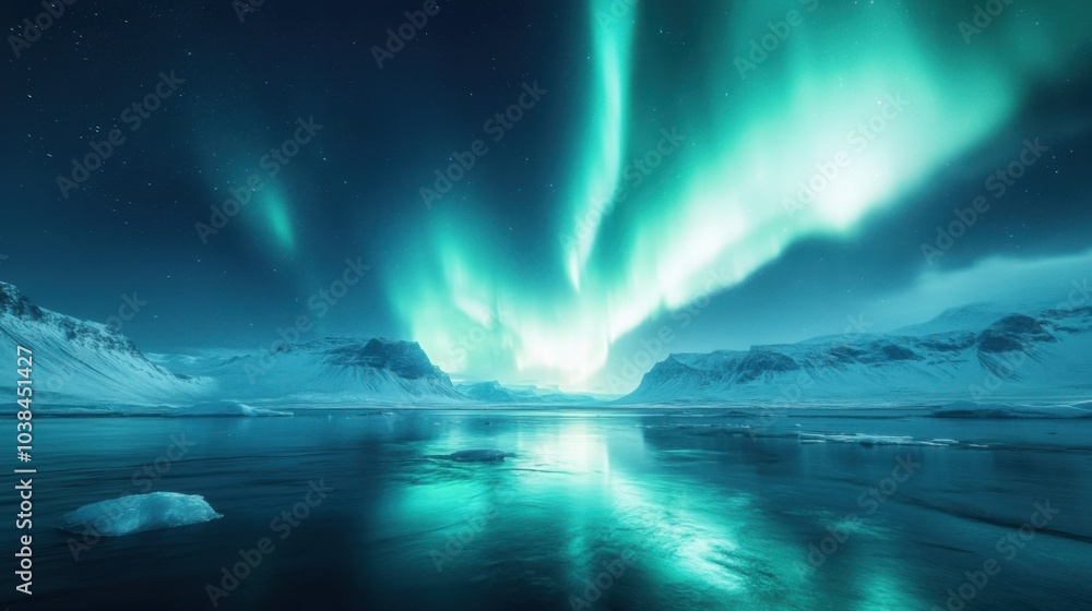 Naklejka premium A breathtaking landscape illuminated by vibrant auroras dancing across the night sky, with natural scenery bathed in colorful, ethereal light.