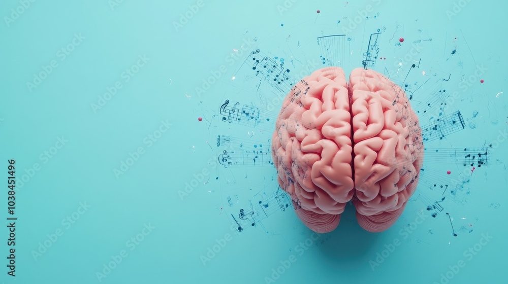 The artwork shows a brain with musical notes against a calming pastel blue, symbolizing creativity. Generative AI The artwork shows a brain with musical notes against a calming pastel blue, symbolizing creativity. Generative AI