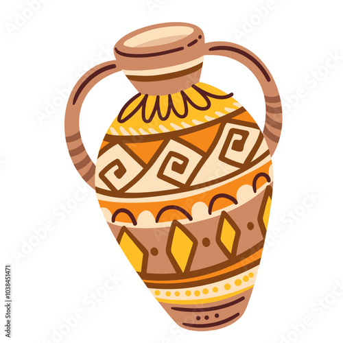 African cartoon vase with tribal geometric pattern. Funny ceramic clay pot with ethnic ornament, ancient amphora. Art and culture of Africa, pottery mascot, cartoon oriental vase vector illustration