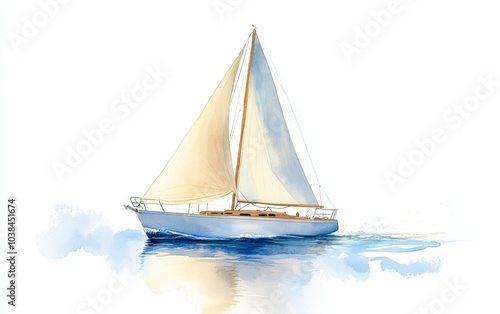 A serene watercolor painting of a sailboat gliding gracefully across calm waters, surrounded by soft hues and a peaceful atmosphere.
