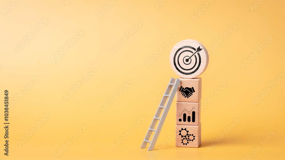 Stairway to achievement goal and objective target concept. of building a business Creating organizations and brands in business, driving growth and cooperation among employees in the company.