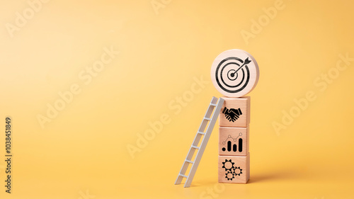 Obraz na płótnie Stairway to achievement goal and objective target concept. of building a business Creating organizations and brands in business, driving growth and cooperation among employees in the company. w salonie
