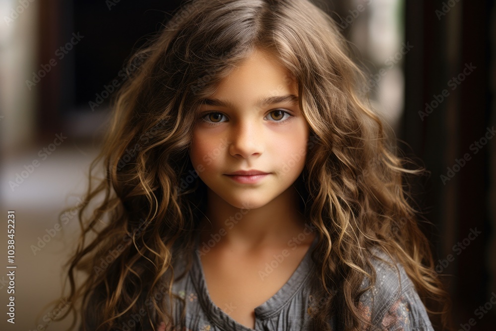 Portrait of a beautiful little girl with long curly hair in the room Portrait of a beautiful little girl with long curly hair in the room