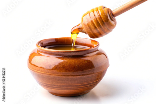 Fresh honey in a clay pottery, isolated on White background