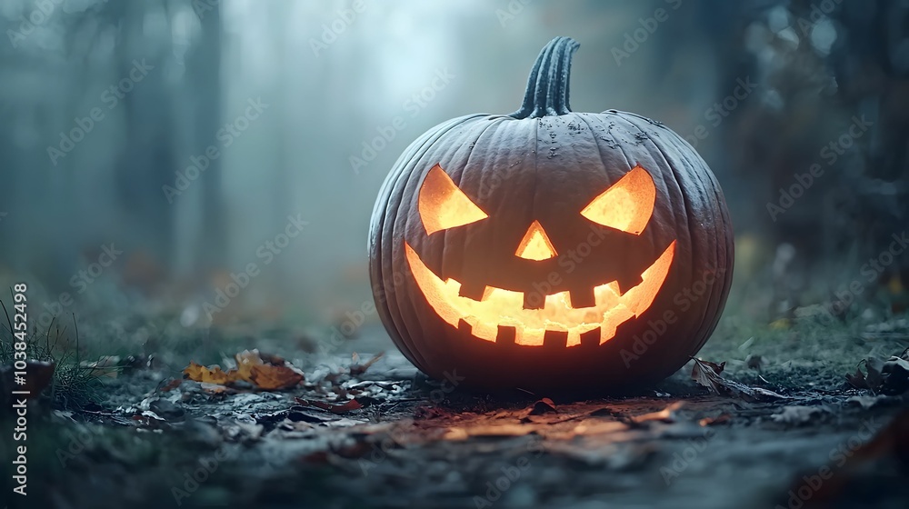 A glowing jack-o'-lantern sits on the ground, surrounded by misty woods, creating an eerie Halloween atmosphere. A glowing jack-o'-lantern sits on the ground, surrounded by misty woods, creating an eerie Halloween atmosphere.