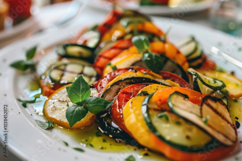 A close-up of a plate of ratatouille, vibrant vegetables arranged beautifully, garnished with fresh herbs. photo